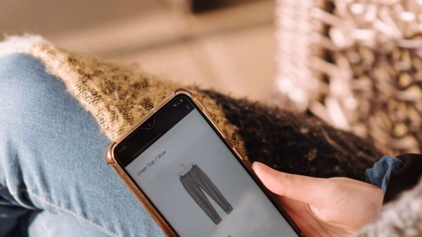 Close-up van iemand die op een smartphone een productpagina met prijs bekijkt