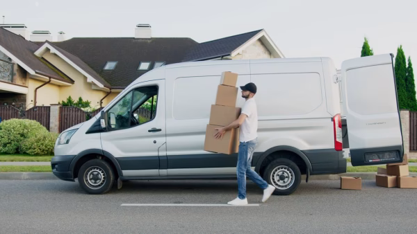 Bezorger tilt pakketten uit een bestelbus voor een woning
