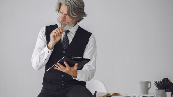 Oudere man met bril en tablet denkt na op kantoor