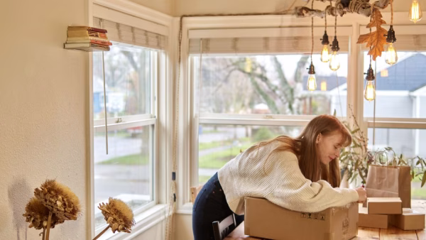 Vrouw pakt een pakket in aan tafel om een online bestelling te retourneren