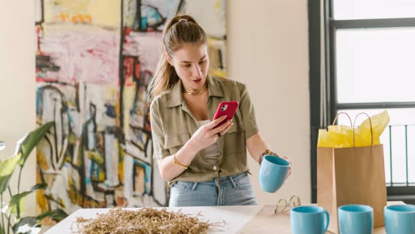 Vrouw fotografeert een mok met haar telefoon voor haar webwinkel