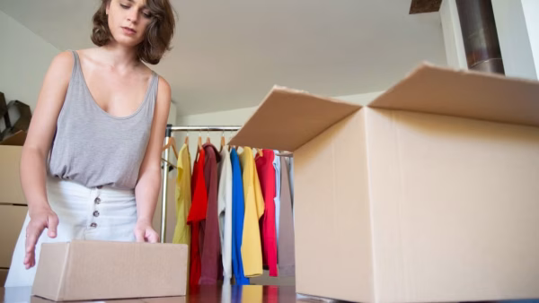 Vrouw verpakt kleding in een doos voor verzending vanuit haar webwinkel