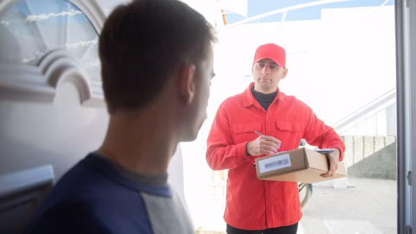 Bezorger overhandigt een pakket aan een klant bij de voordeur